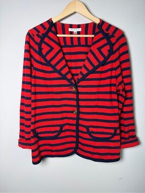 Cabi Red Navy Striped Cotton Button Blazer Nautical July 4 Coastal Preppy Size L